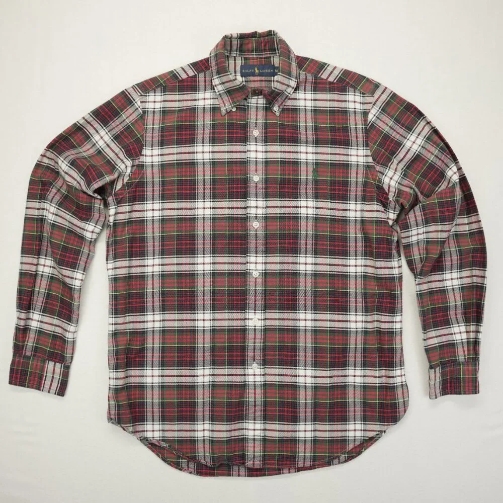 Polo Ralph Lauren Button Shirt‎ Medium Red Plaid Green Pony Long Sleeve Oxford